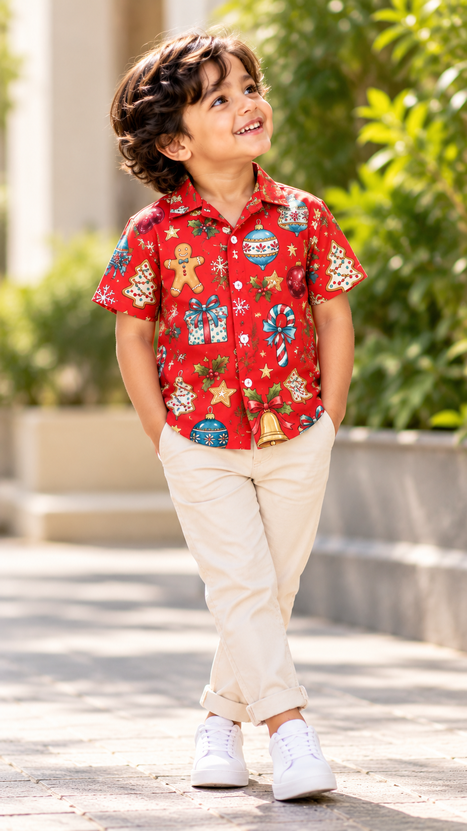 Red Christmas Ornaments, Gingerbread & Festive Icons Print Shirt