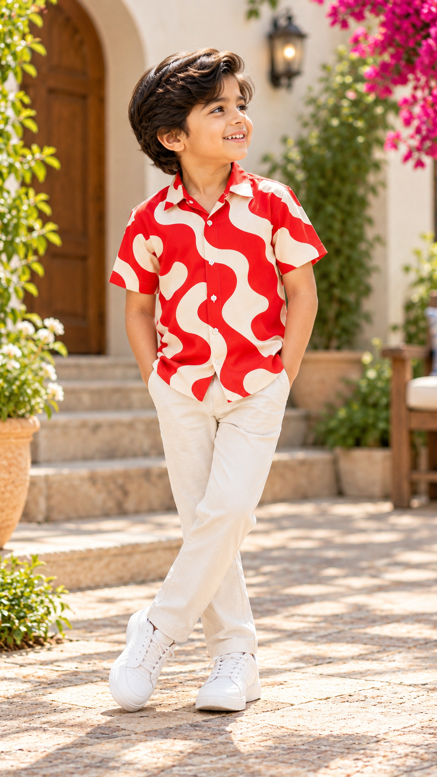 Retro Red Wave Printed Shirt – Red & Cream