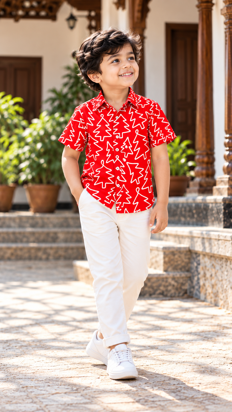 Abstract Christmas Tree Printed Shirt – Red & White