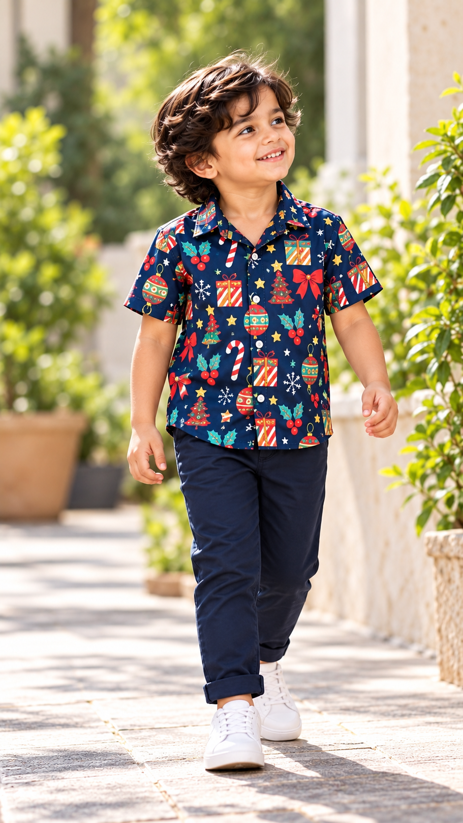 Navy Blue Christmas Ornaments & Festive Icons Print Shirt