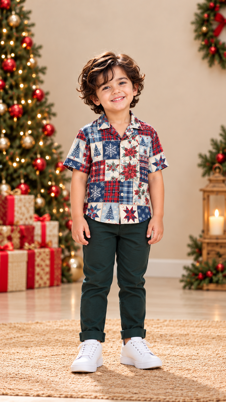 Christmas Patchwork Print Matching Father & Son Shirts