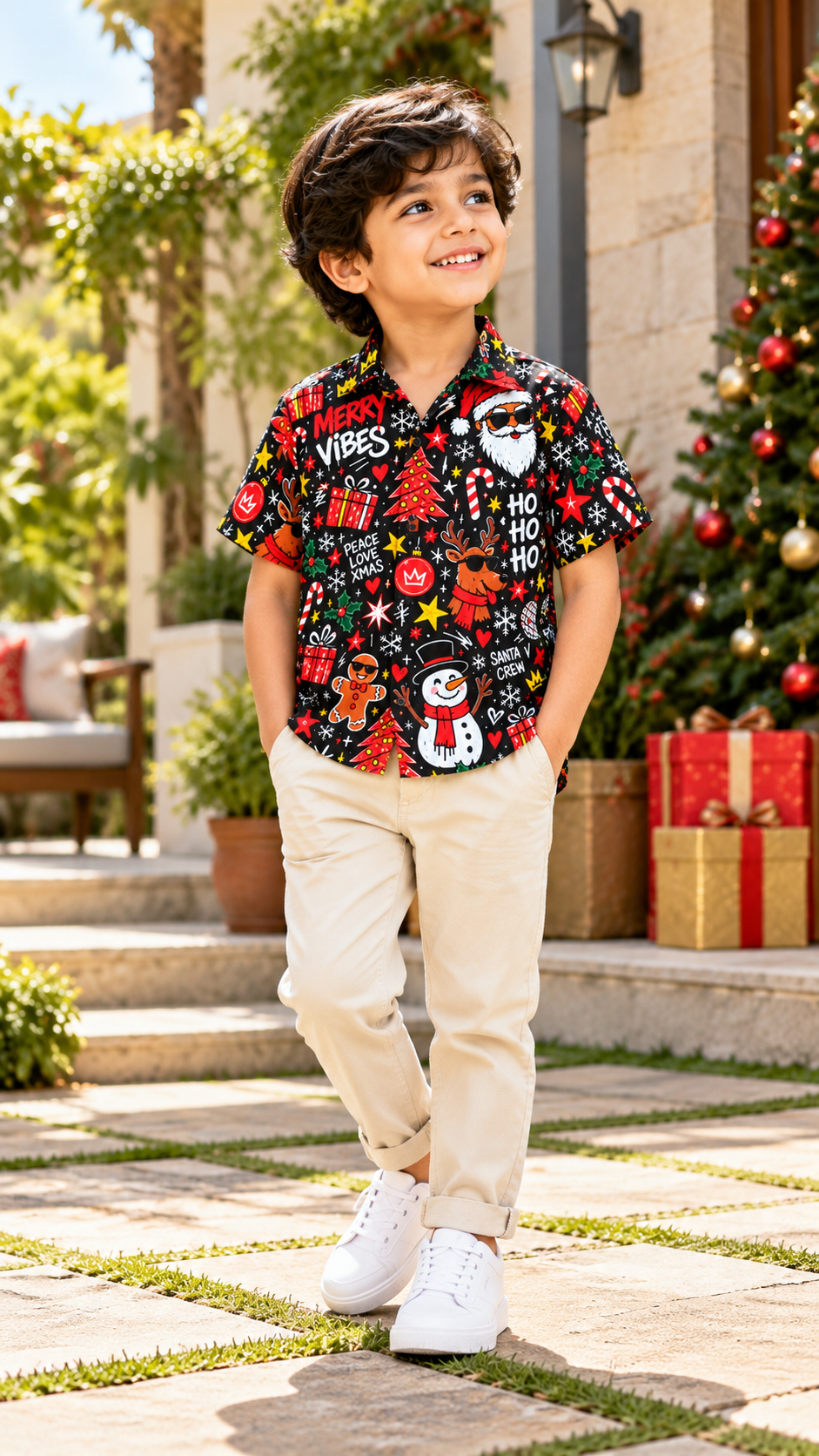 Merry Vibes Christmas Doodle Printed Shirt – Black