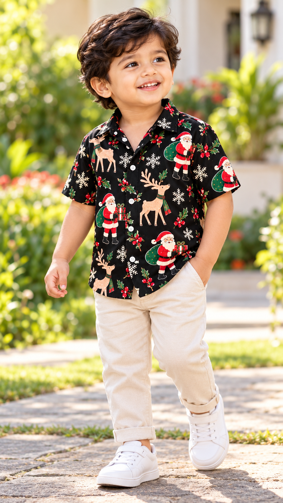 Santa & Reindeer Christmas Printed Shirt – Black
