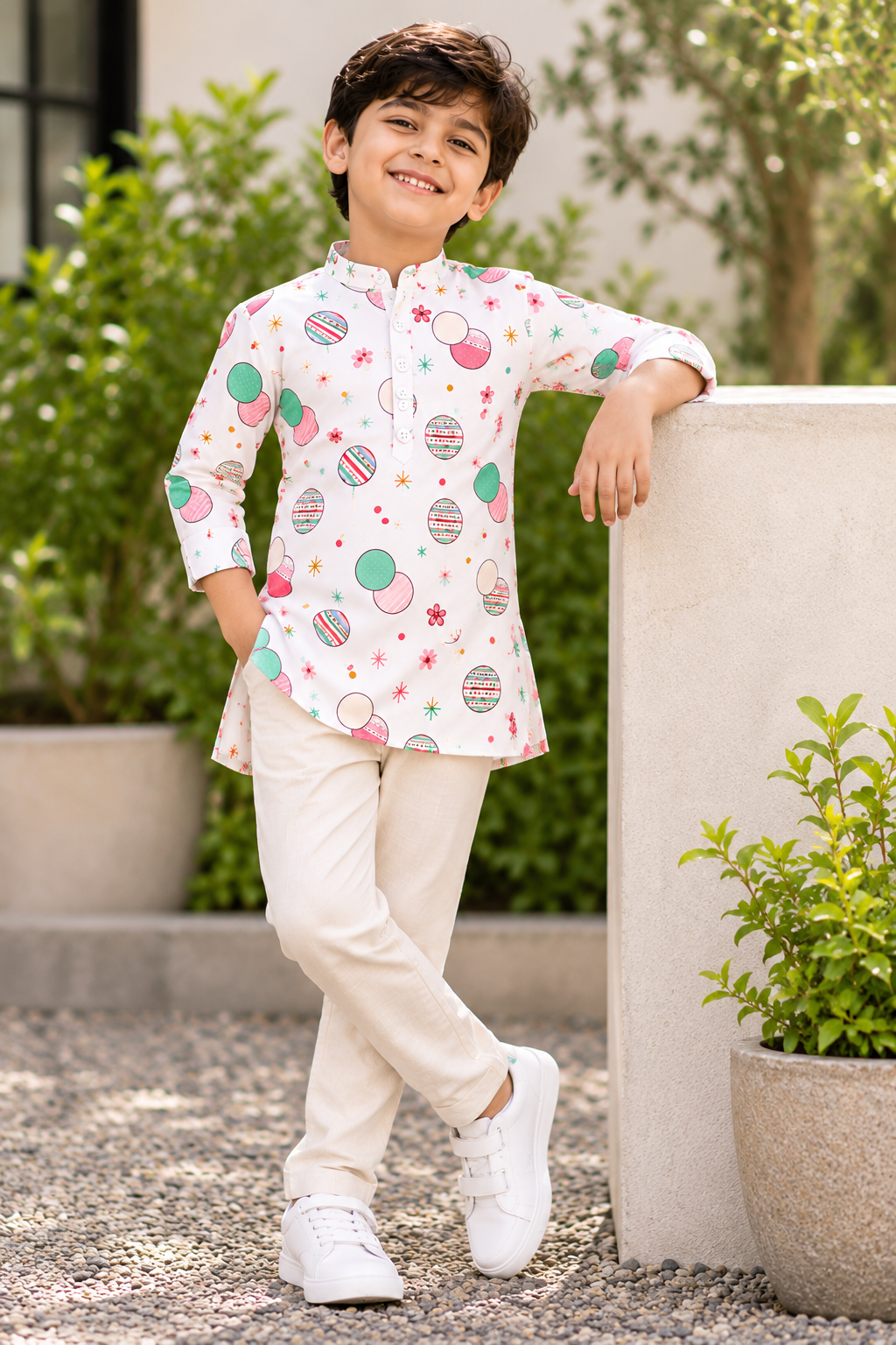Premium White Pastel Christmas Bauble Print Kurta