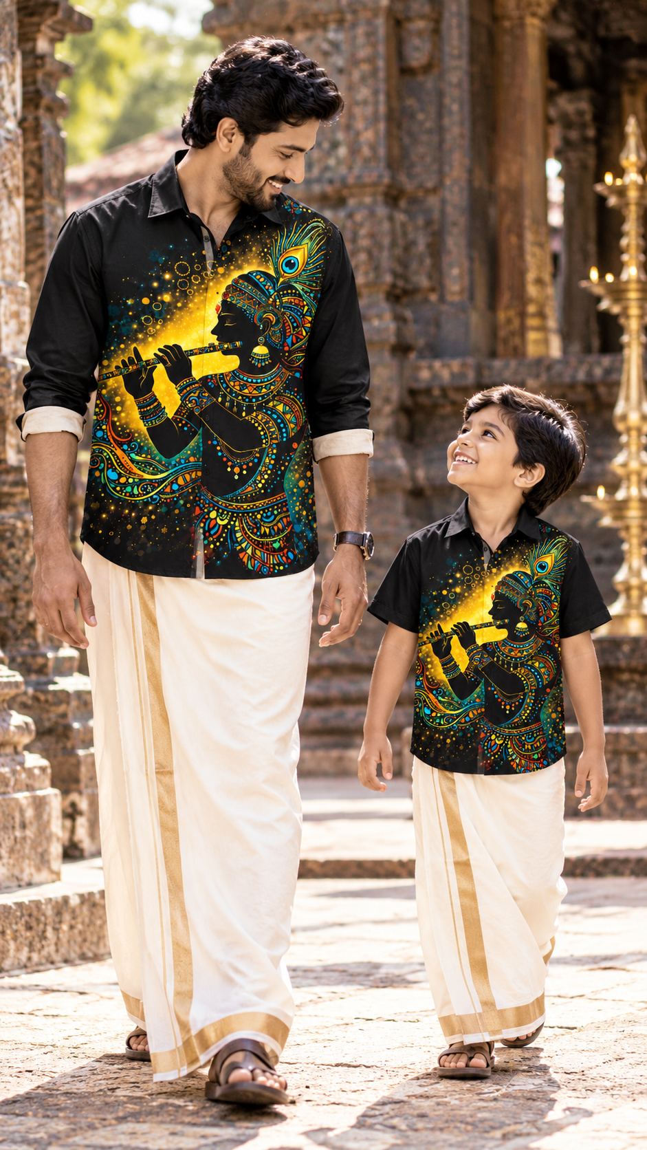 Black Krishna Flute & Peacock Feather Artistic Print Premium Shirt