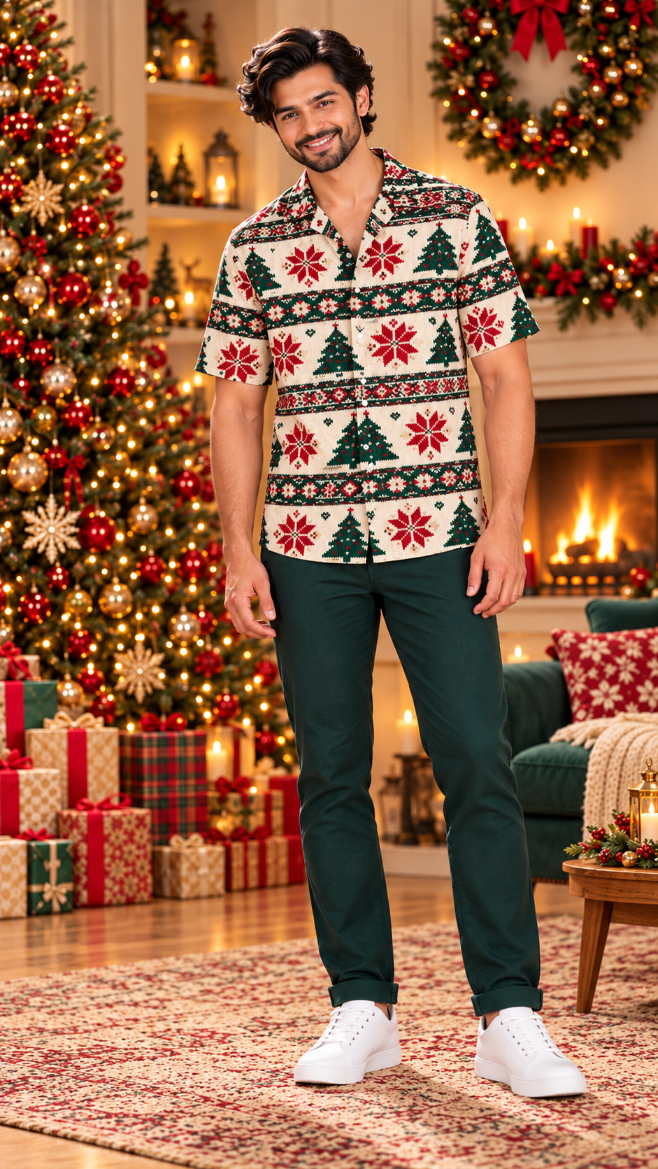 Nordic Christmas Tree & Snowflake Print Matching Father & Son Shirts