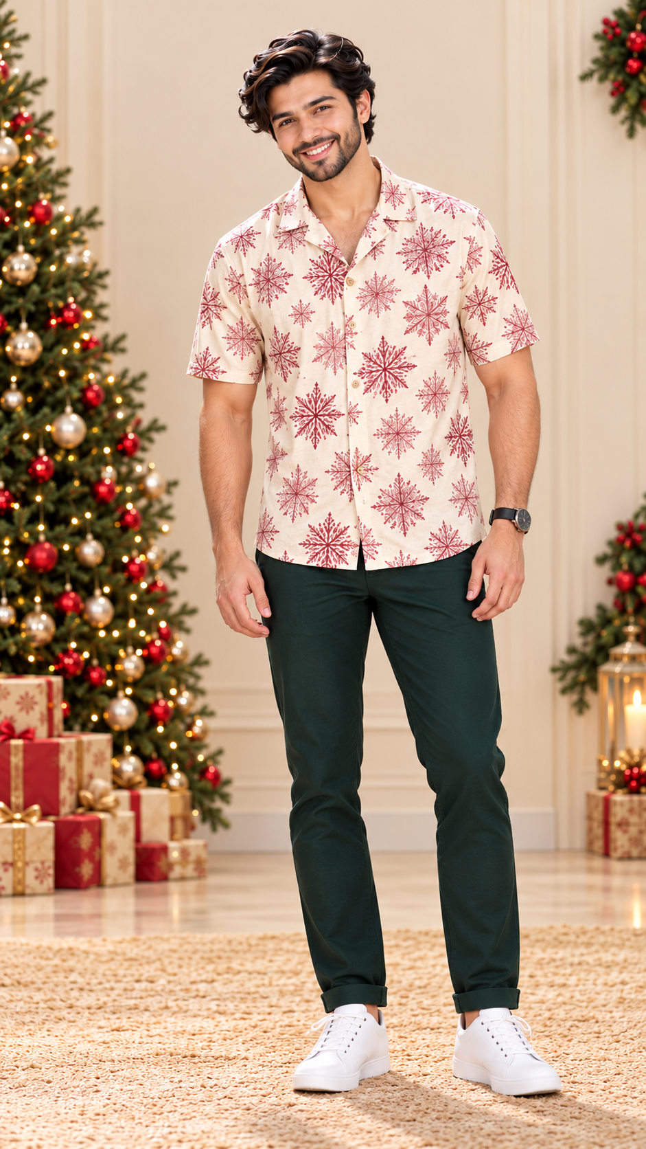 Red Snowflake Print Matching Father & Son Christmas Shirts