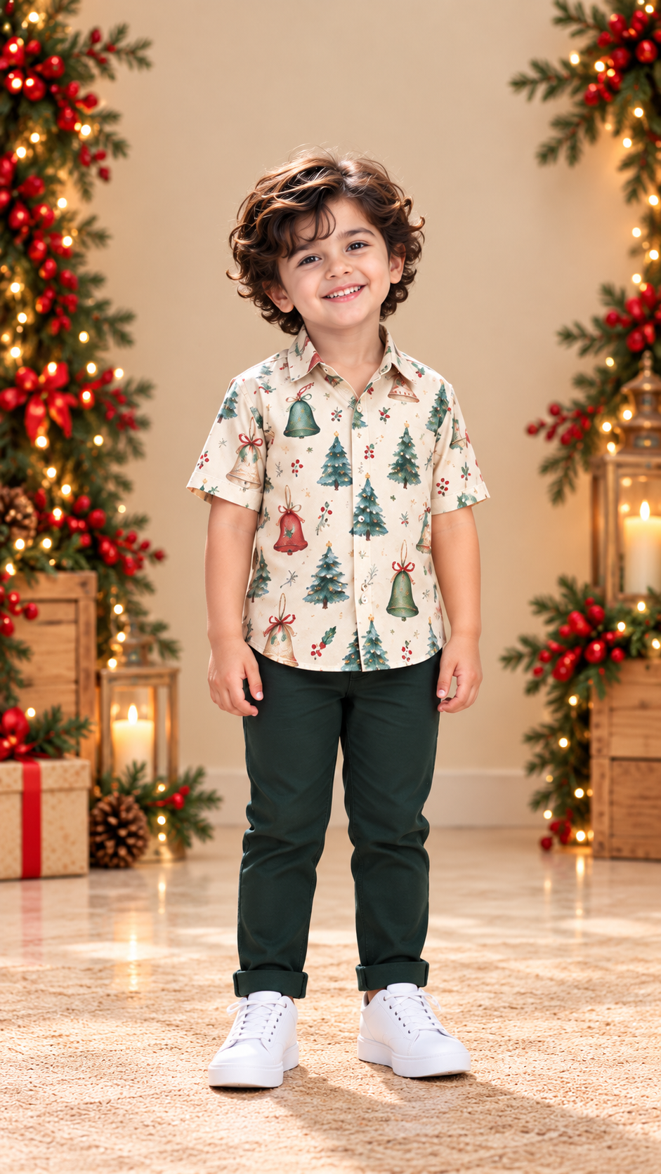 Christmas Tree & Bell Print Matching Father & Son Shirts