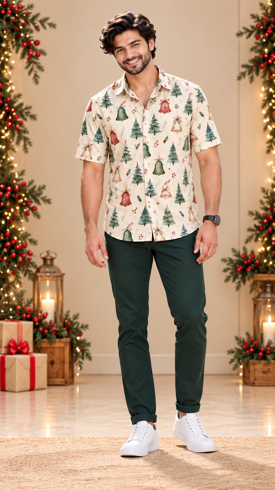 Christmas Tree & Bell Print Matching Father & Son Shirts