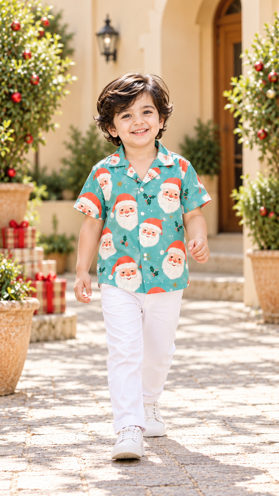 Teal Blue Santa Claus Face Print Shirt