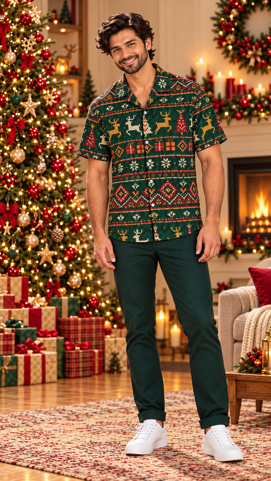 Evergreen Nordic Reindeer & Fair Isle Christmas Print Shirt