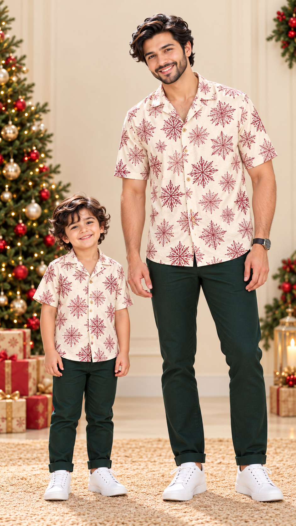 Red Snowflake Print Matching Father & Son Christmas Shirts