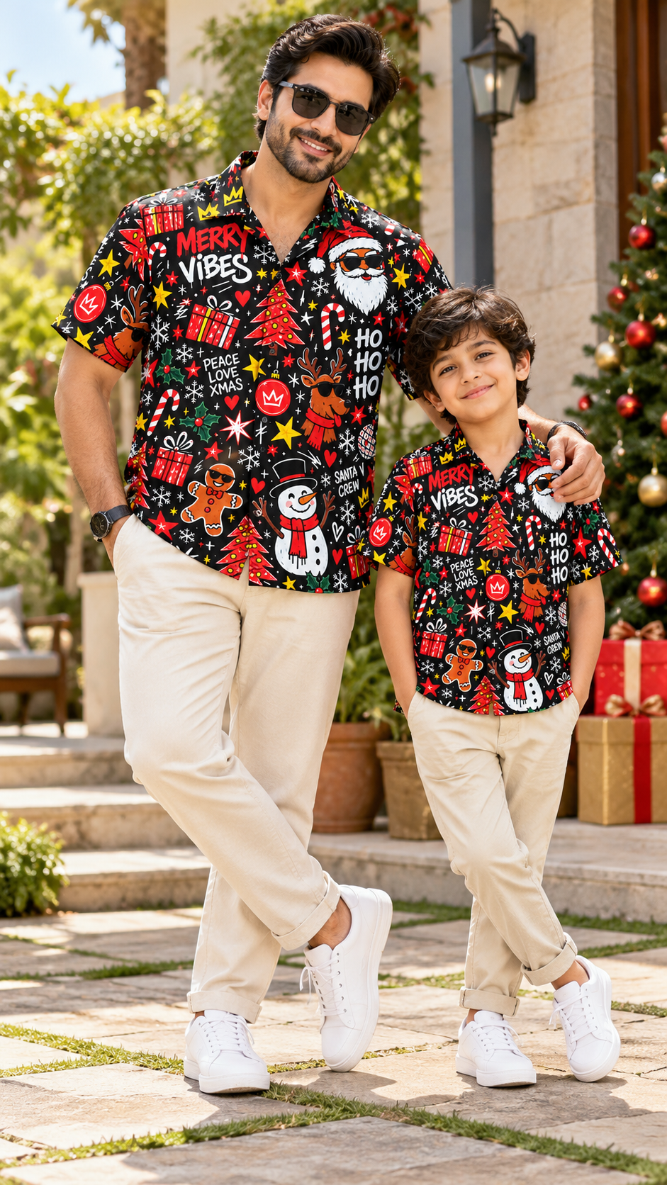 Merry Vibes Christmas Doodle Printed Shirt – Black