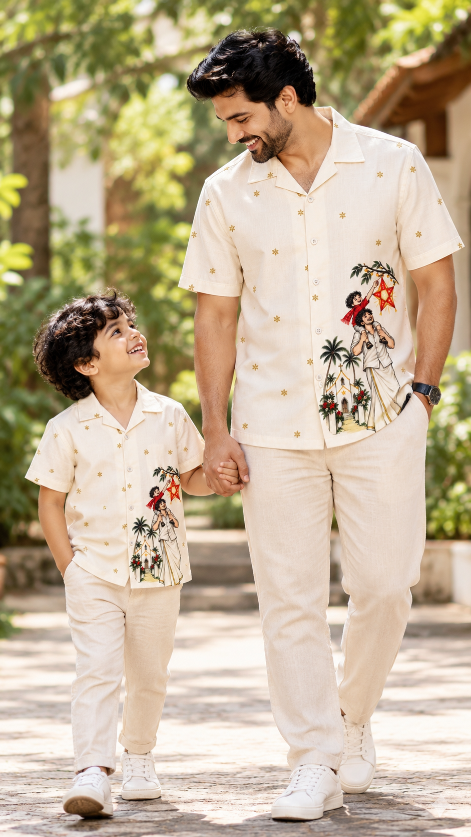 Kerala Christmas Star & Father-Son Printed Shirt – Cream