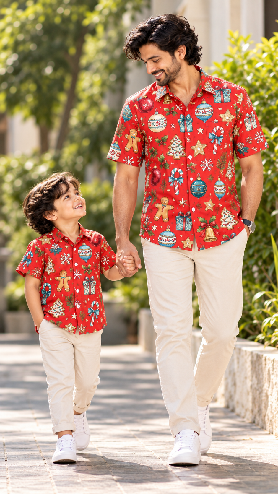 Red Christmas Ornaments, Gingerbread & Festive Icons Print Shirt