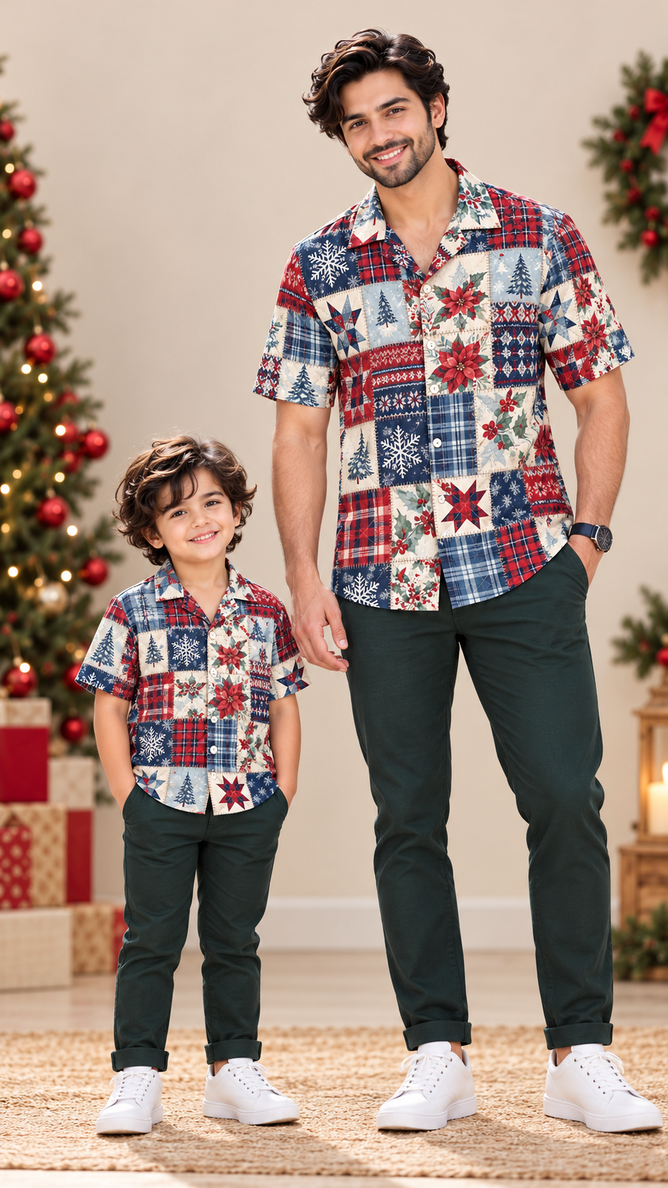 Christmas Patchwork Print Matching Father & Son Shirts