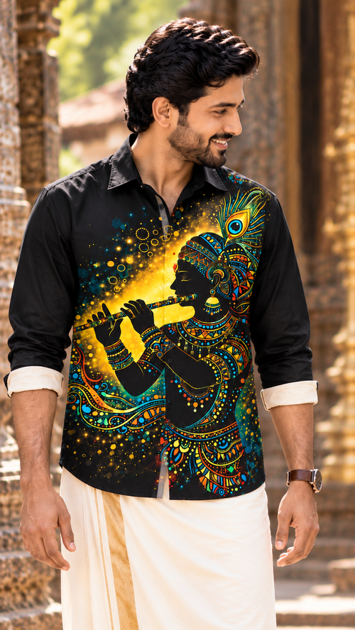 Black Krishna Flute & Peacock Feather Artistic Print Premium Shirt
