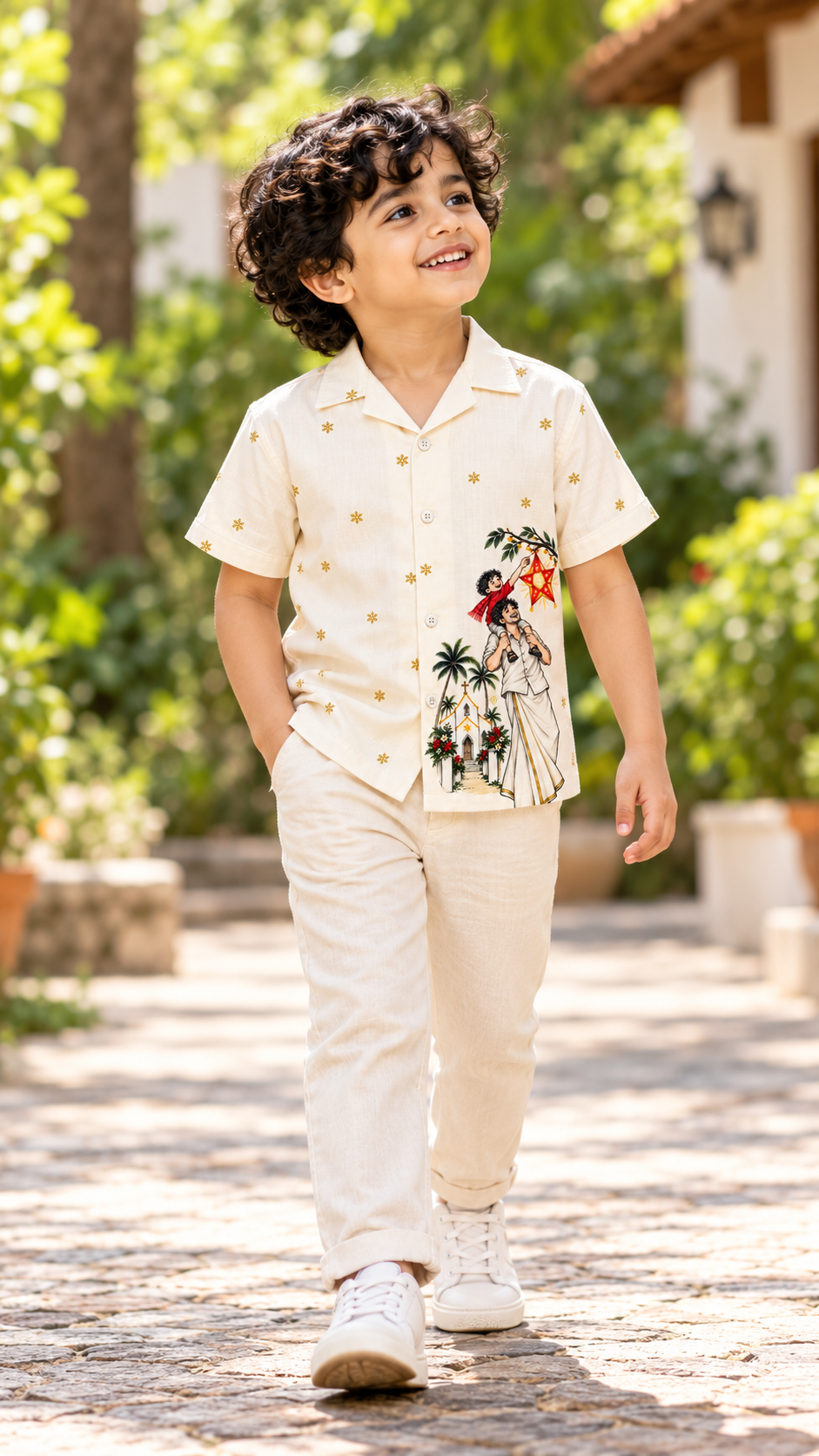 Kerala Christmas Star & Father-Son Printed Shirt – Cream