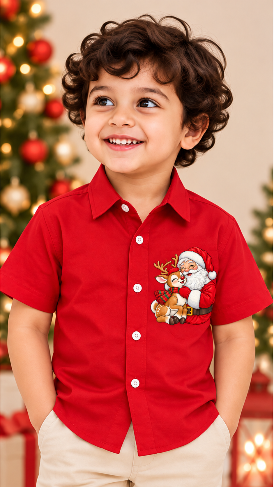Cute Santa & Reindeer Christmas Printed Kids Shirt – Red