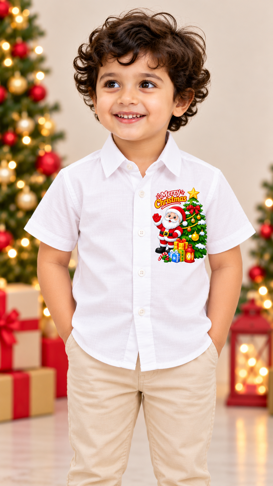 Merry Christmas Santa & Christmas Tree Printed Kids Shirt – White
