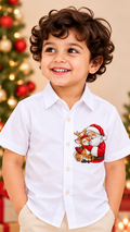 Cute Santa & Reindeer Christmas Printed Kids Shirt – White