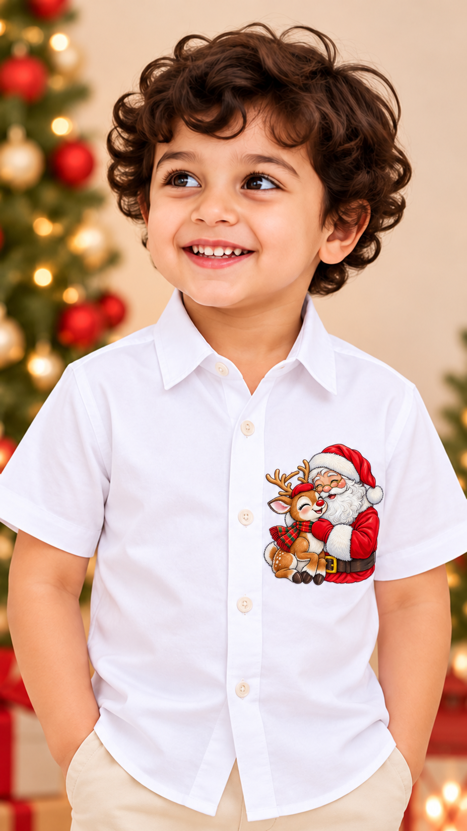 Cute Santa & Reindeer Christmas Printed Kids Shirt – White