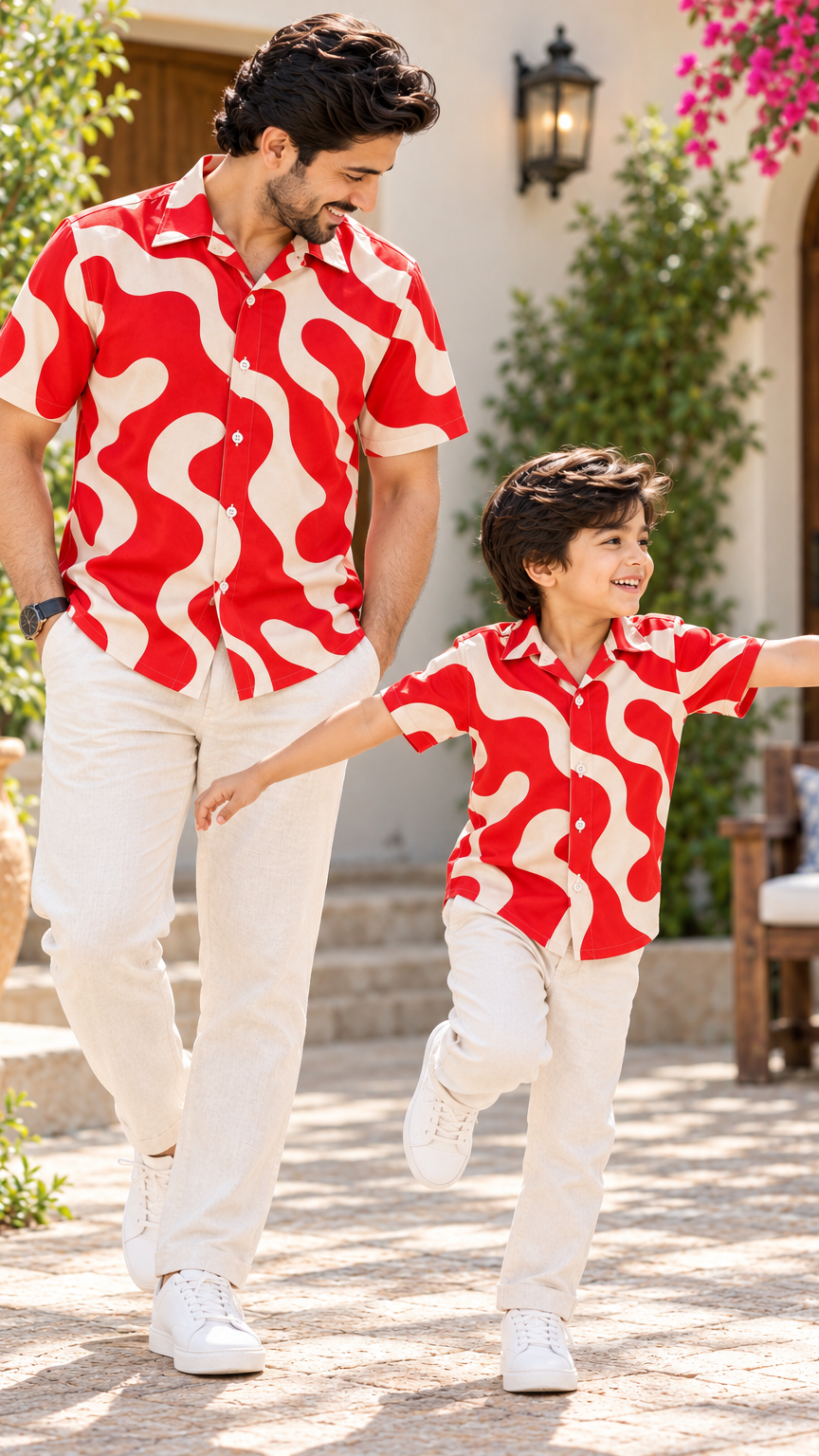 Retro Red Wave Printed Shirt – Red & Cream