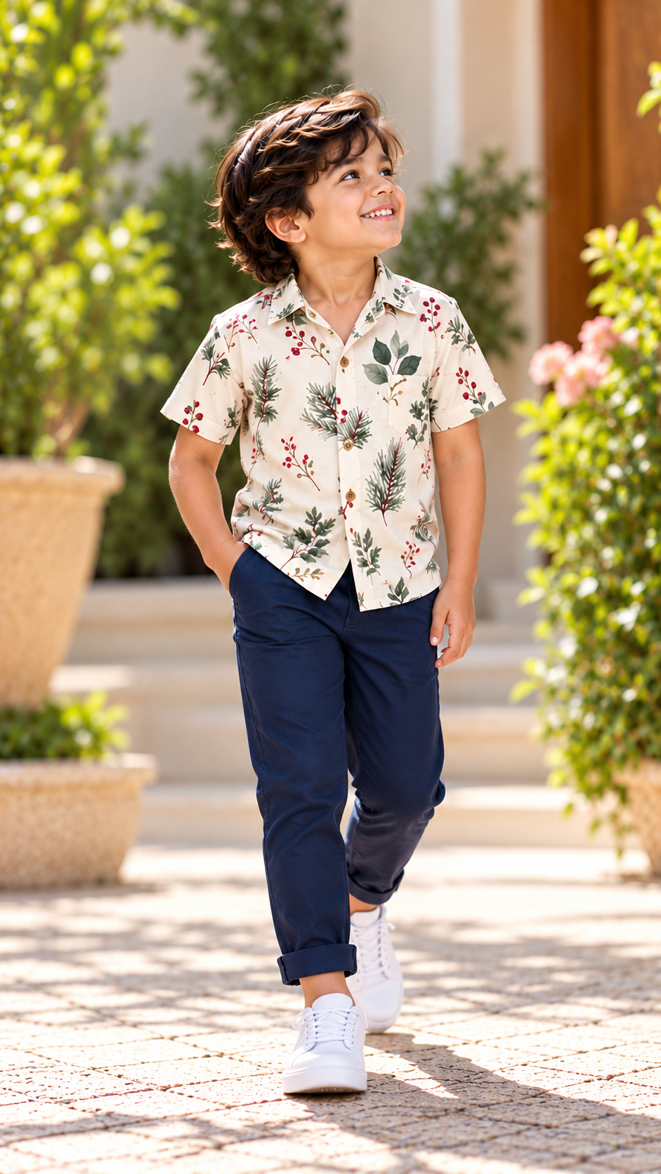 Cream Greenery & Red Berry Christmas Print Shirt
