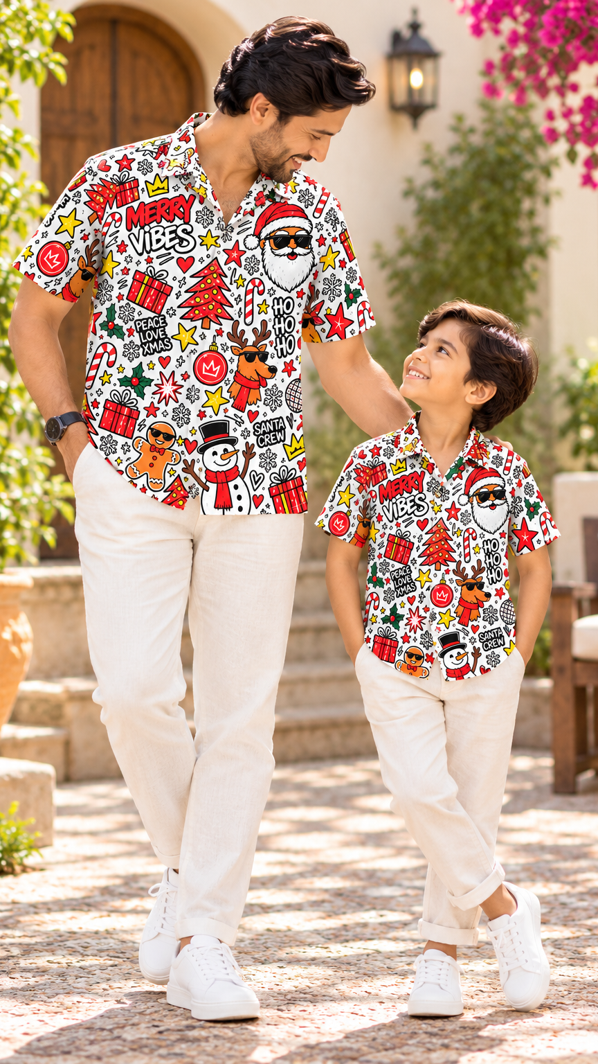 Merry Vibes Christmas Doodle Printed Shirt – White
