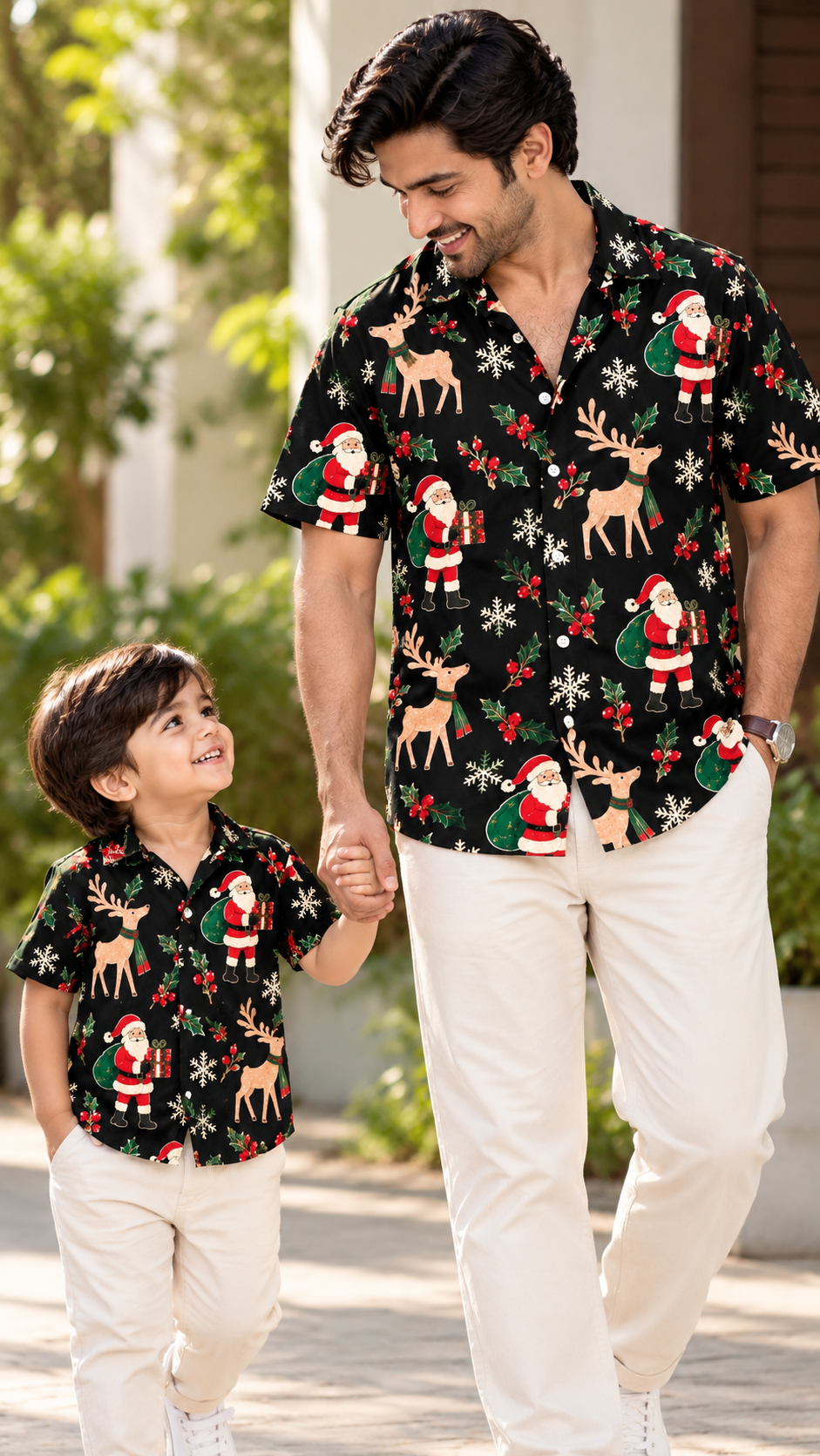 Santa & Reindeer Christmas Printed Shirt – Black