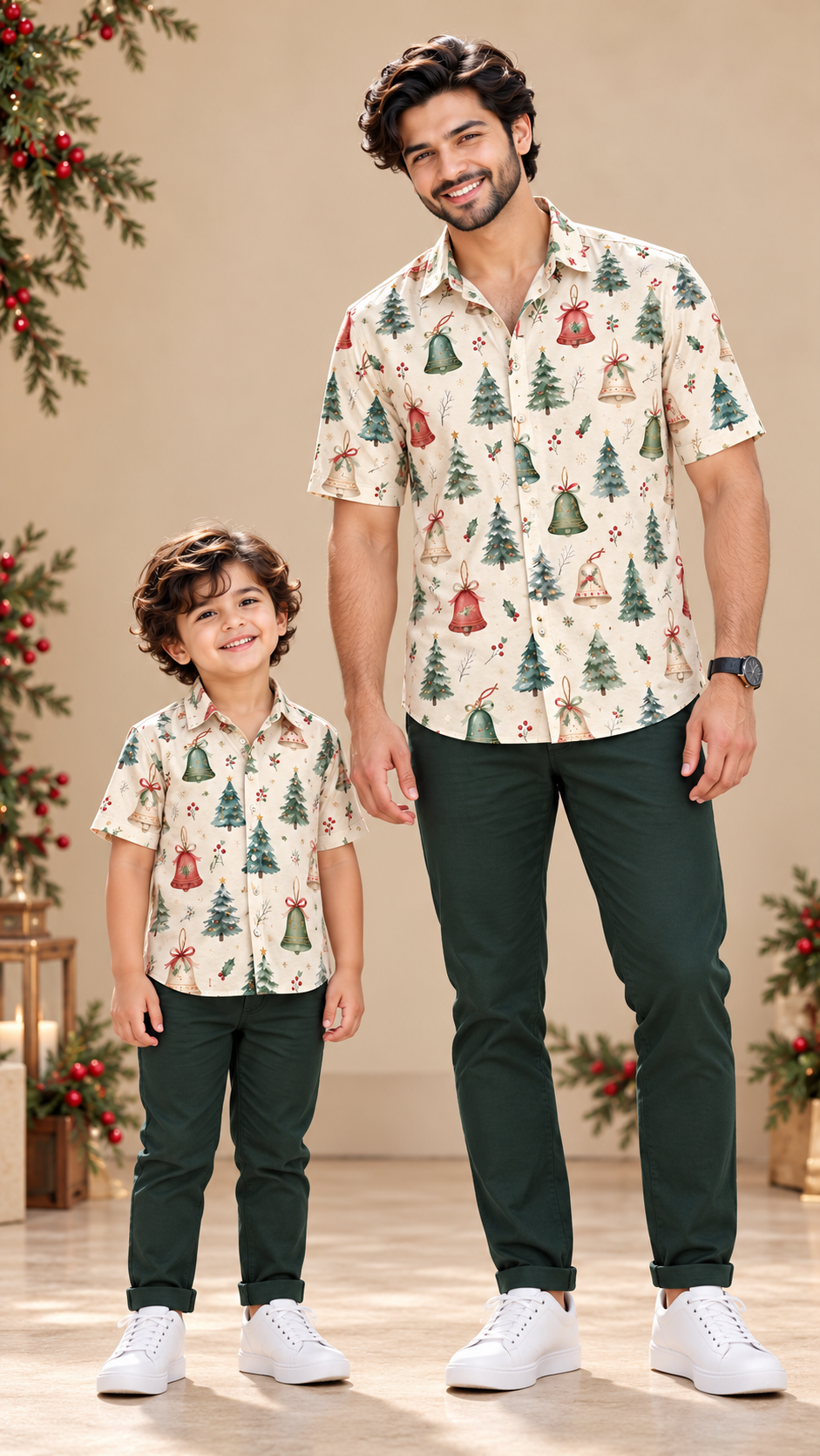 Christmas Tree & Bell Print Matching Father & Son Shirts