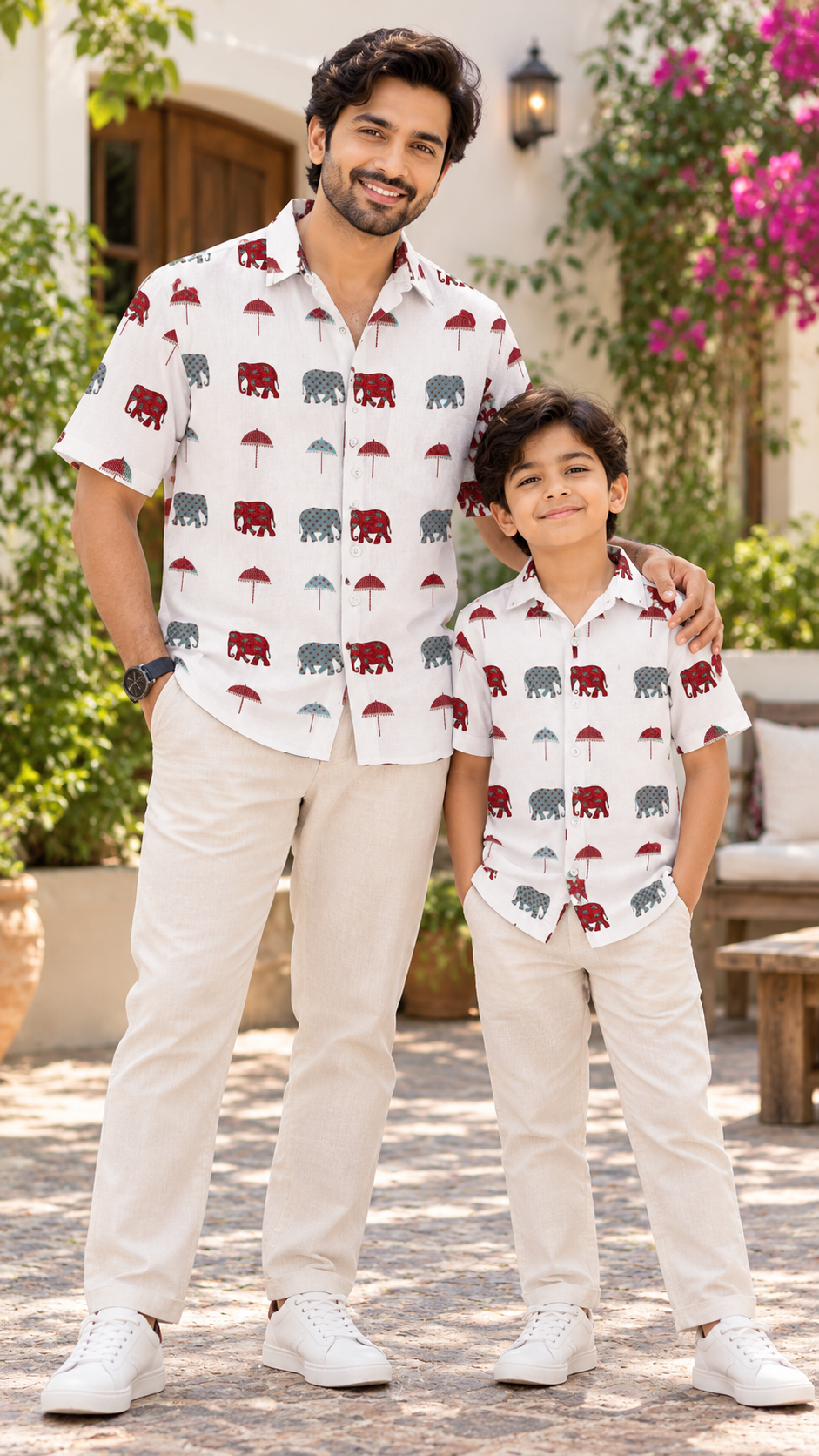 White Elephant & Traditional Umbrella Pattern Print Premium Shirt