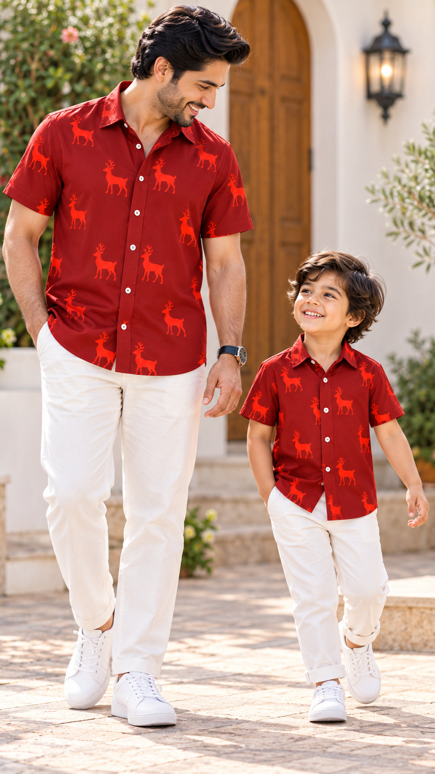 Classic Reindeer Christmas Printed Shirt – Deep Red