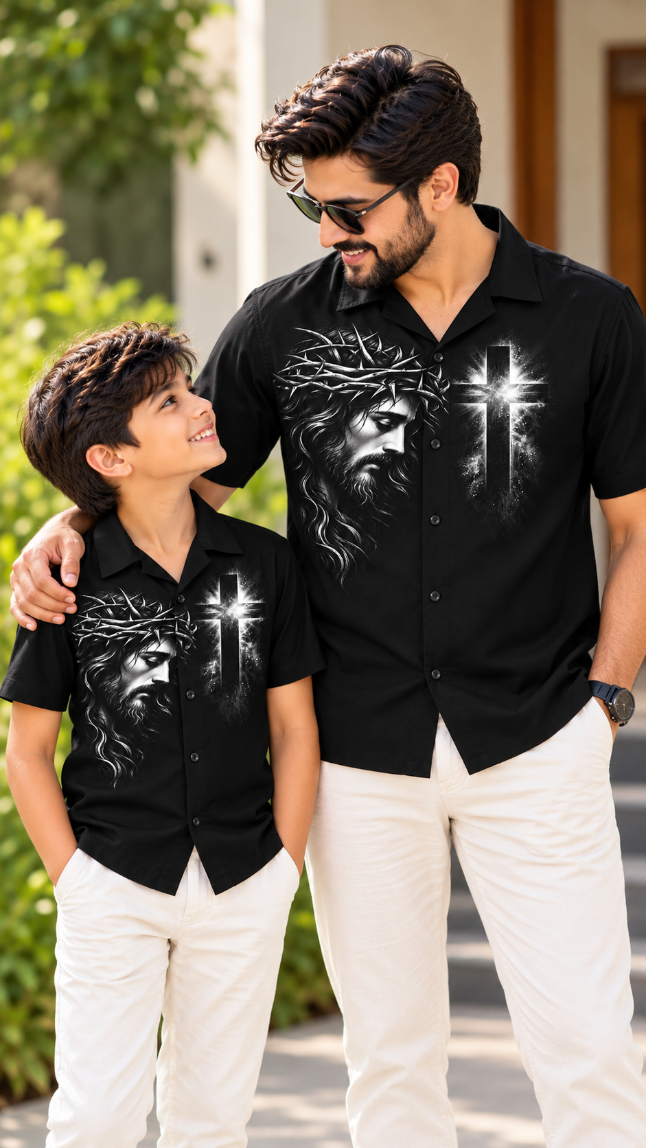 Jesus Christ Crown of Thorns & Cross Printed Shirt – Black