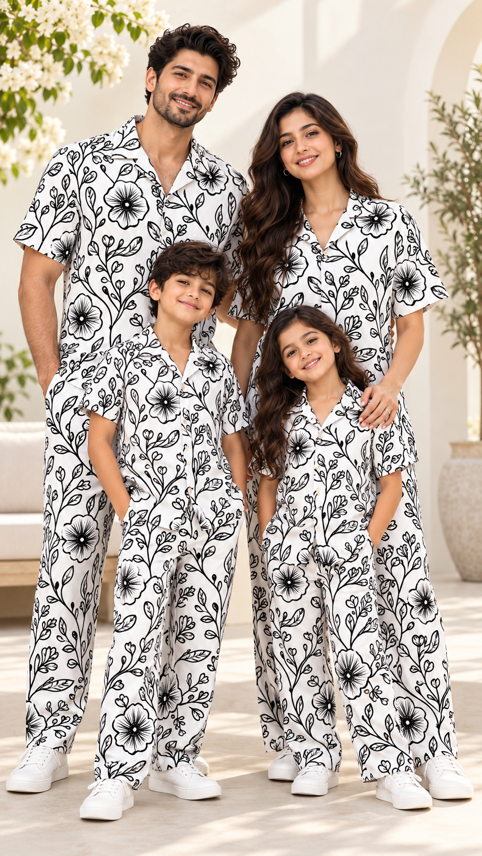 White Black Floral Family Co-Ord Set