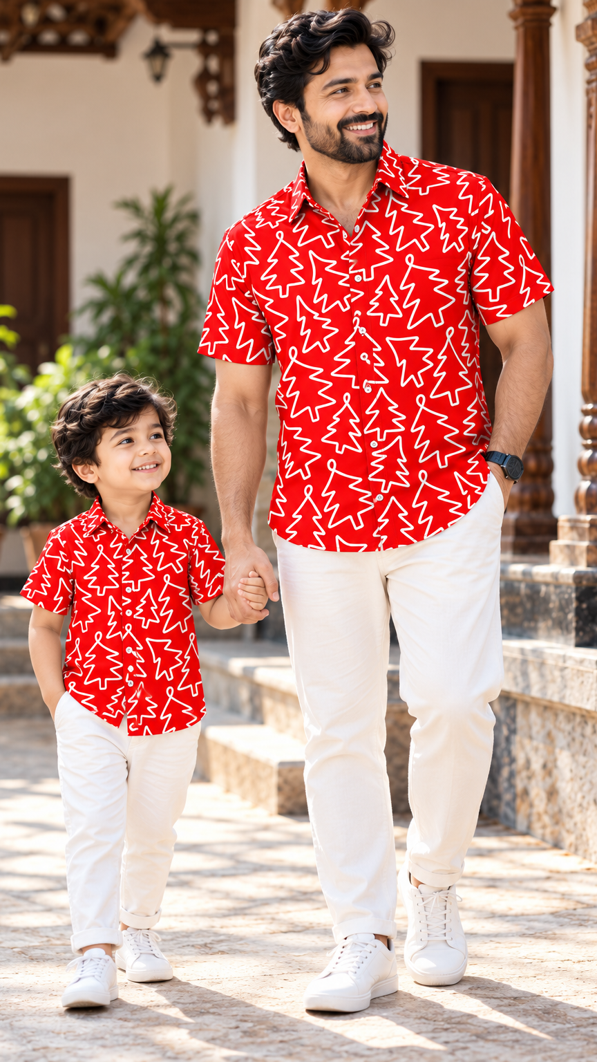 Abstract Christmas Tree Printed Shirt – Red & White