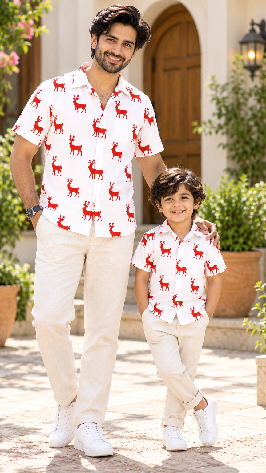 Classic Red Reindeer Christmas Printed Shirt – White