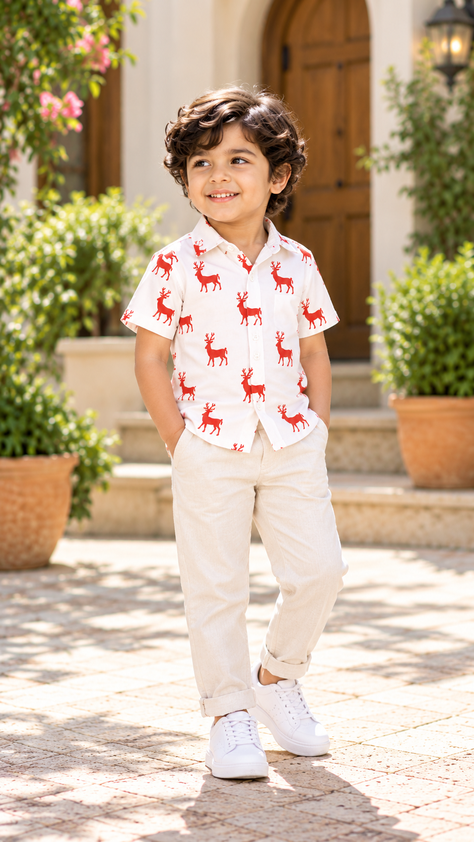 Classic Red Reindeer Christmas Printed Shirt – White