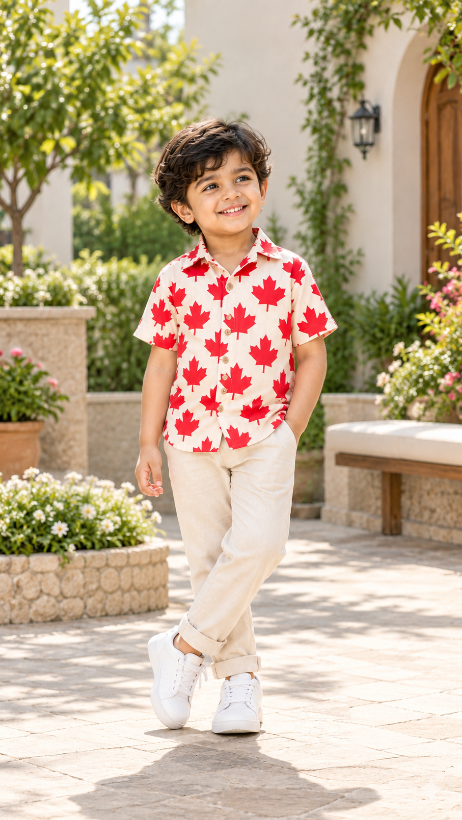 Red Maple Leaf Printed Shirt – Cream
