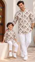 Ivory Brown Traditional Damask Floral Print Kurta