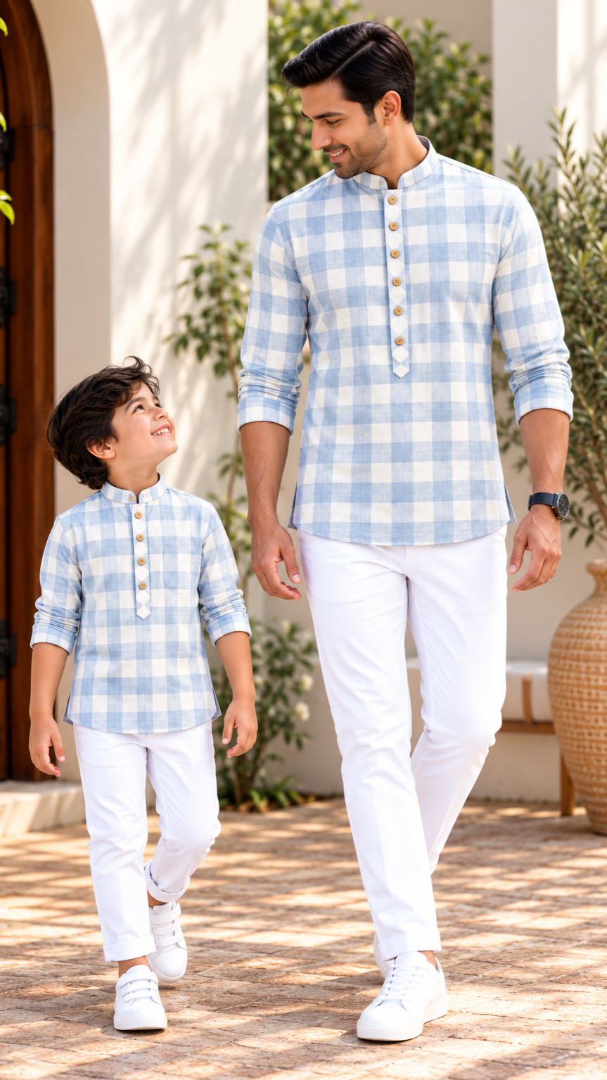 Sky Blue & White Gingham Check Print Kurta