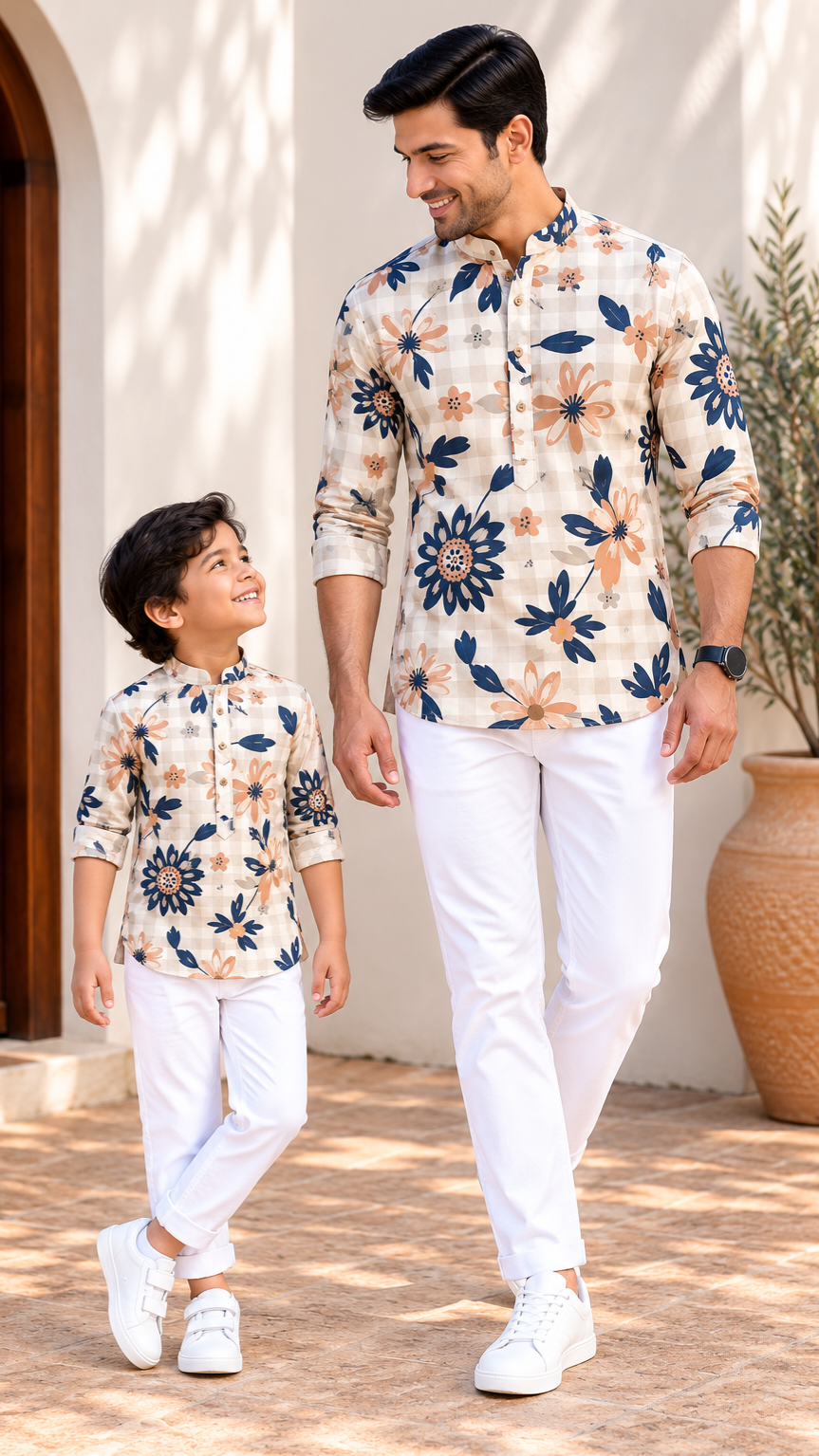 Ivory Navy Blue & Peach Floral Gingham Print Kurta